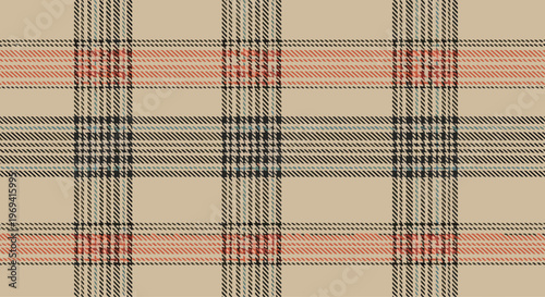 Seamless tartan plaid pattern in shades of beige black and red for textile fashion home decor and classic background design.