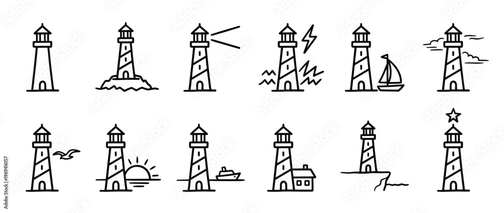 Fototapeta premium Collection of twelve simple black outline lighthouse icons depicting various nautical and weather scenarios