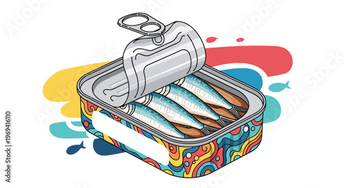 Open can of sardines with four small fish inside and a colorful abstract background for food packaging and creative culinary art.