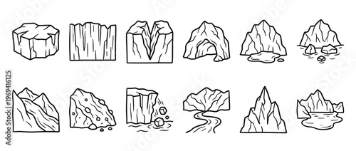 Collection of various hand-drawn black outline icebergs and mountain formations, depicting different shapes and natural elements