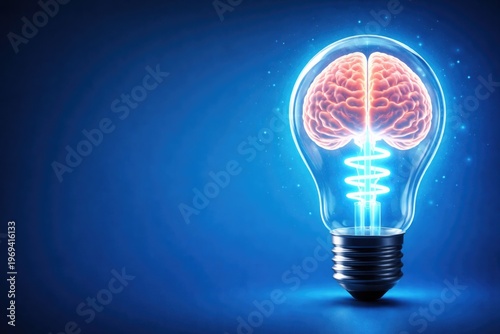 Fluorescent Light Bulb with Brain Illustration on Vibrant Blue Background