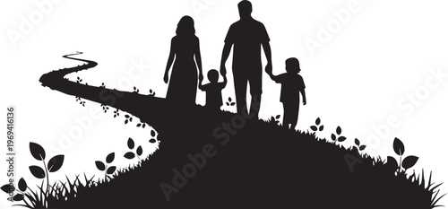 Happy family walking together on a winding path silhouette vector illustration.