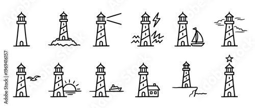Collection of twelve simple black outline lighthouse icons depicting various nautical and weather scenarios