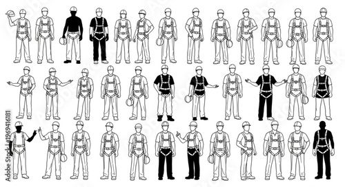 Collection of Diverse Safety Harness Poses for Industrial and Construction Workers.