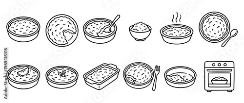 Collection of black outline icons depicting various bowls and dishes of food, including a casserole in an oven