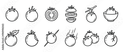 Collection of black outline tomato icons showing whole, sliced, bitten, and falling tomatoes in a clean, graphic style