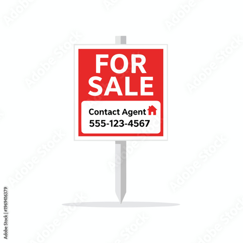 Red and white sign on a stake reads "FOR SALE" and provides contact info