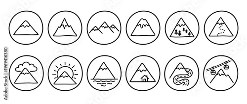 Collection of twelve simple black and white mountain icons with various elements, presented in a clean, hand-drawn style
