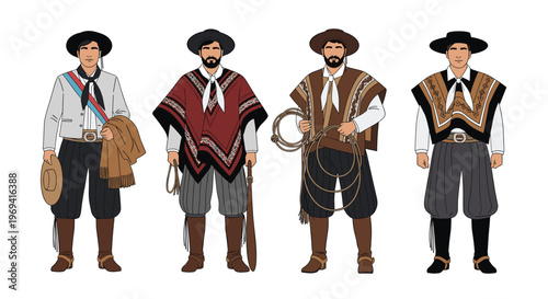 Four men wearing traditional South American gaucho costumes including ponchos and hats in a row against a white background.