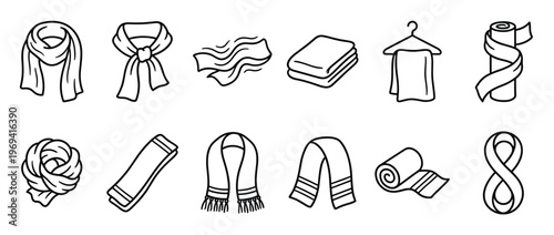 Collection of various hand-drawn line art scarves, towels, and fabric items in different folded and draped styles