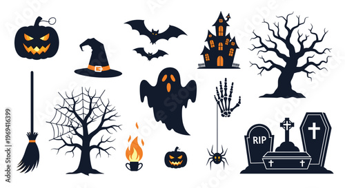 Assorted flat design Halloween icons and silhouettes featuring ghosts pumpkins bats and spooky trees on a white backdrop.