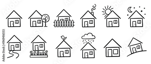 Simple black outline house icons with various elements like trees, fences, sun, moon, and rain, in a playful doodle style