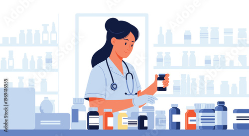 Professional female pharmacist in a lab coat and gloves organizing various medicine bottles on a shelf in a modern pharmacy.