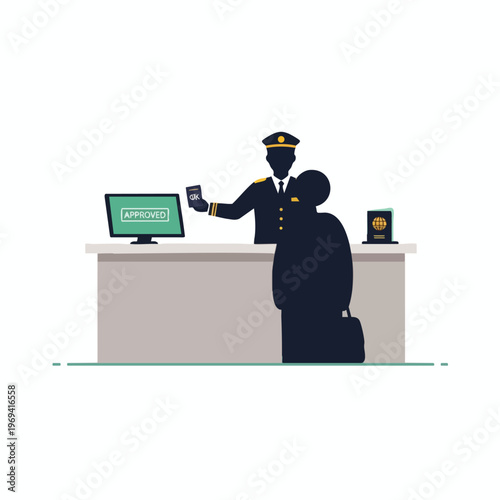 Officer checks passport at desk; screen displays "APPROVED