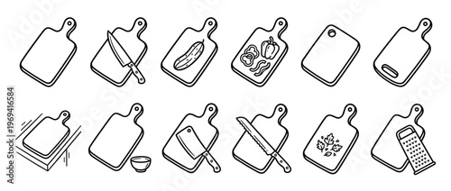 Various black outline cutting board icons with different kitchen tools and vegetables, presented in a clean, minimalist style