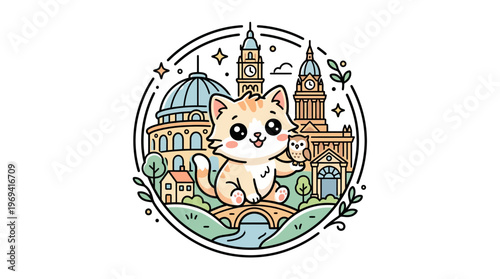 Cute Cat and Owl Exploring City Buildings