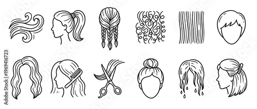 Collection of various hair styles and elements, including braids, ponytails, bobs, and tools, presented in a clean line art style