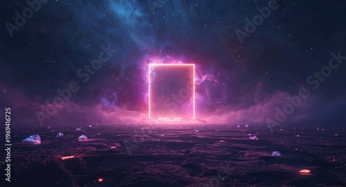 Square neon portal glowing in deep space with fog effects and glowing energy rocks around