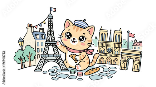 Cute Cat in Paris with French Landmarks