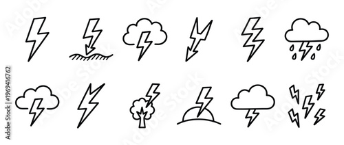 Collection of various black outline lightning bolt icons, some with clouds, rain, or striking objects, illustrating different weather phenomena