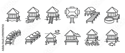 Collection of simple black and white line art icons depicting various overwater bungalows and tropical resort elements