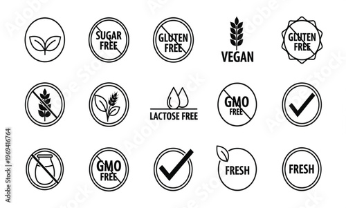 Food label icon set sugar free gluten free vegan lactose free GMO free fresh black vector isolated on white