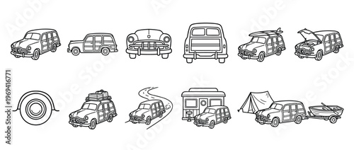Collection of black outline drawings depicting vintage woody station wagons in various poses and scenarios