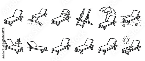 Collection of various hand-drawn outline illustrations depicting different types of lounge chairs and beach accessories