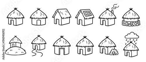 Collection of hand-drawn cartoon huts with thatched roofs, featuring various styles and details in a simple black and white line art illustration