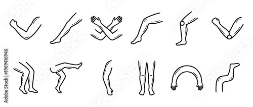 Various black outline human body parts, including arms and legs in different poses, are depicted in a simple, clean illustration style