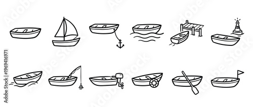 Collection of hand-drawn doodle style boats and nautical elements in black outline on a white surface