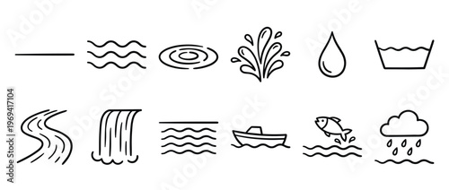Collection of hand-drawn black outline water icons illustrating various forms and movements of liquid, presented in a clean, simple style