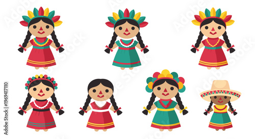 Group of traditional Mexican rag dolls wearing colorful indigenous dresses and braided hair in different styles and sizes.