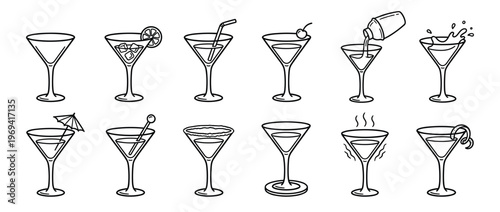 Collection of various martini glasses with different garnishes and preparations, depicted in a clean line art style