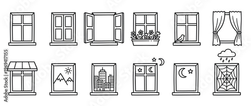 Collection of various window line art icons depicting different scenes and styles in a simple, illustrative manner