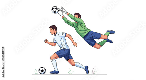 Dynamic illustration of soccer players in action showing a striker kicking the ball and a goalkeeper diving to save a goal.