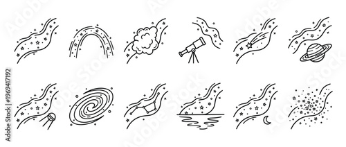 Collection of black outline astronomy icons featuring stars, constellations, planets, and telescopes in a clean, graphic style