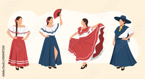 Elegant women dressed in vibrant traditional Latin American folkloric dance costumes posing for a performance on a soft background.