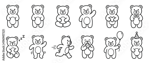 Collection of twelve cute cartoon teddy bear line art drawings in various poses and expressions