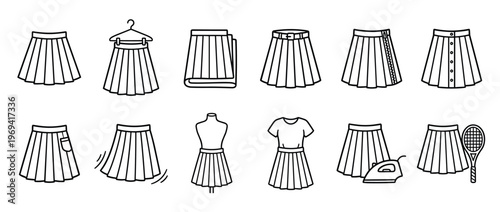 Various black outline pleated skirt icons are neatly arranged in two rows on a clean white surface