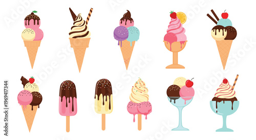 Large variety of delicious ice cream cones sundaes and popsicles with different flavors and toppings arranged in a grid.