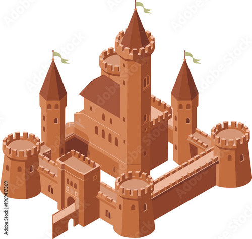 Isometric medieval castle vector illustration with fortified towers for game and web design