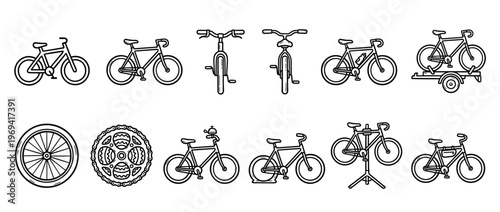 Collection of various bicycle line art icons and related parts, including wheels, chains, and different bike types