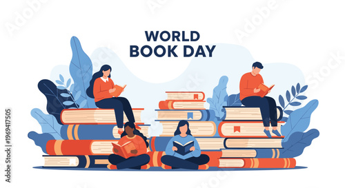 Diverse group of people sitting and reading on stacks of giant colorful books to celebrate international world book day event.