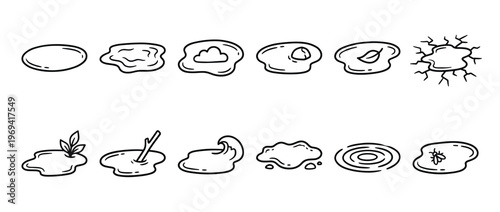 Collection of hand-drawn puddle illustrations in various shapes and with different elements, depicted in a clear, graphic style