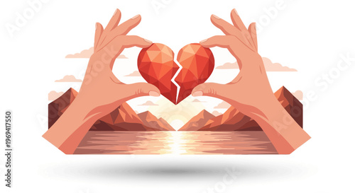 Hands holding broken heart over landscape illustration for concept design