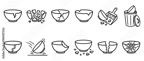 Collection of black outline icons illustrating broken bowls, showing cracks, shattered pieces, and disposal, presented in a clean, graphic style