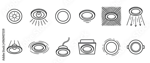 Collection of various line art icons representing different types of recessed and surface-mounted light fixtures, shown in a clean, minimalist style
