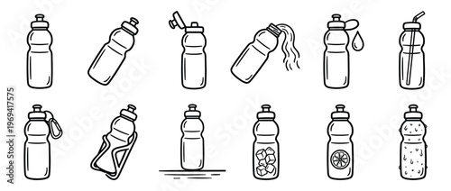 Collection of black outline sport water bottles in various states, including open, spilling, with ice, and with a lemon slice, presented in a clean, graphic style