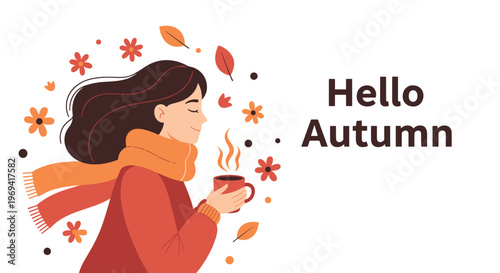 Beautiful woman wrapped in a warm scarf enjoying a steaming cup of coffee surrounded by floating autumn leaves in a fall scene.